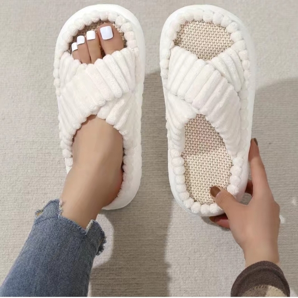 Shoes - NWT Women Plush Cross Strap Platform Slippers, Linen Insole, Open Toe, Non-slip